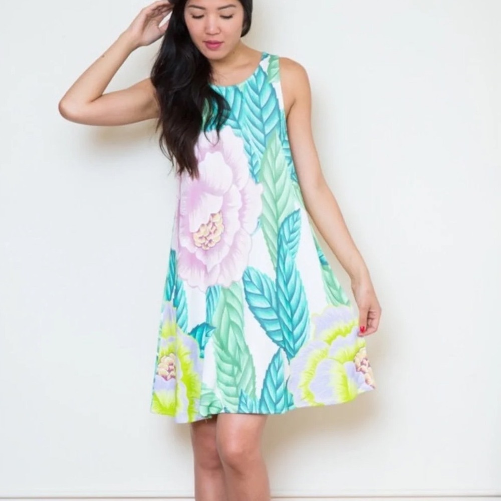 Mara Hoffman Floral Tank Dress Small Green Tropical Racerback Swing Dress